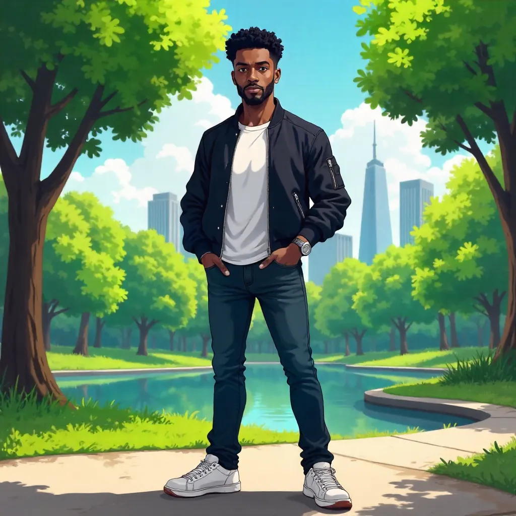 Confident Black Man in Anime Park Portrait