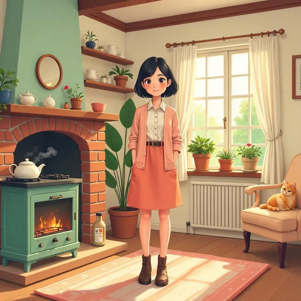 Cozy Cottage Chic: Stylish Asian Woman in Cartoon Style