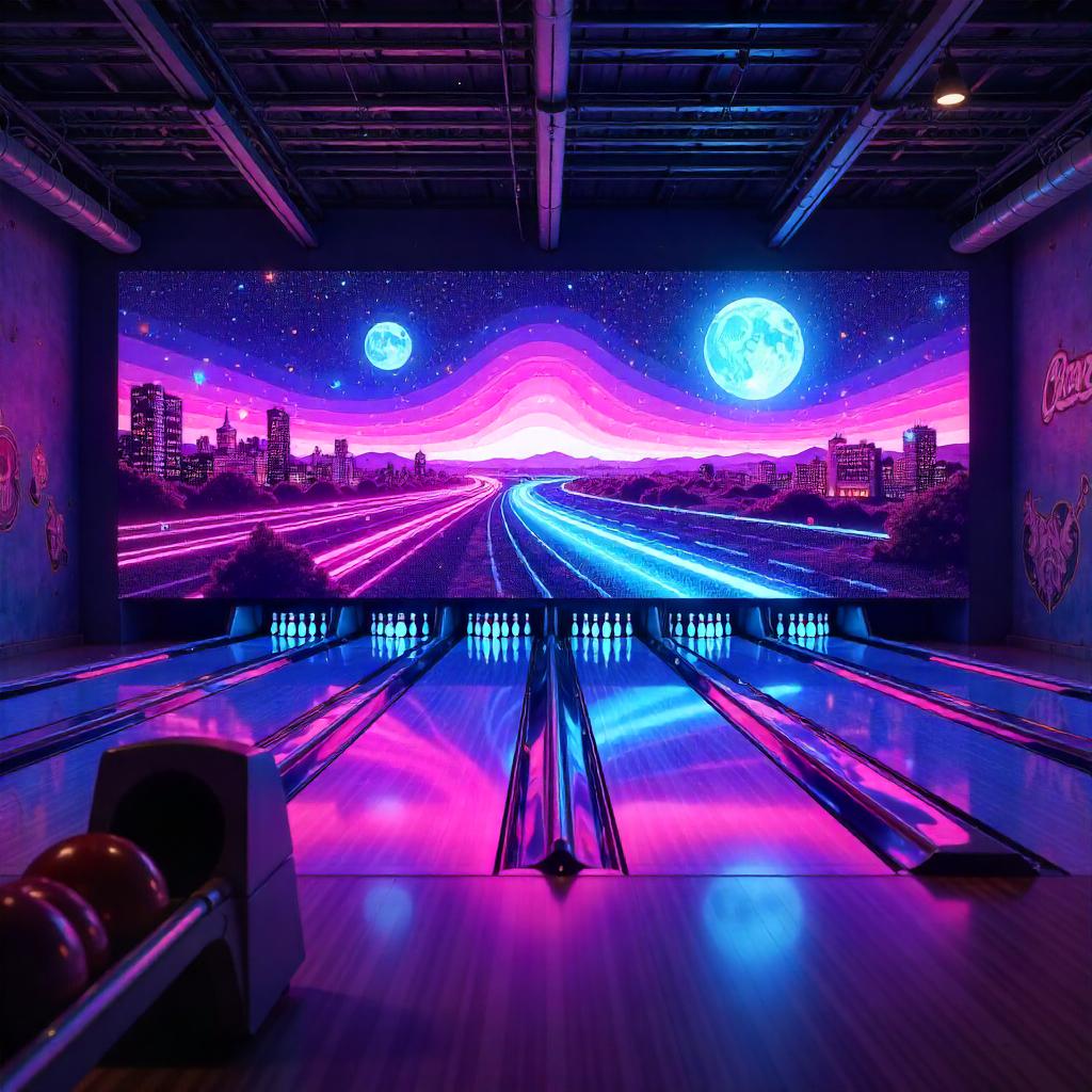 Giant Digital Artwork in a Neon Bowling Alley