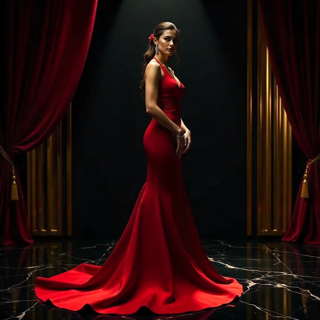 Red Couture in Dramatic Light: Modern Luxury