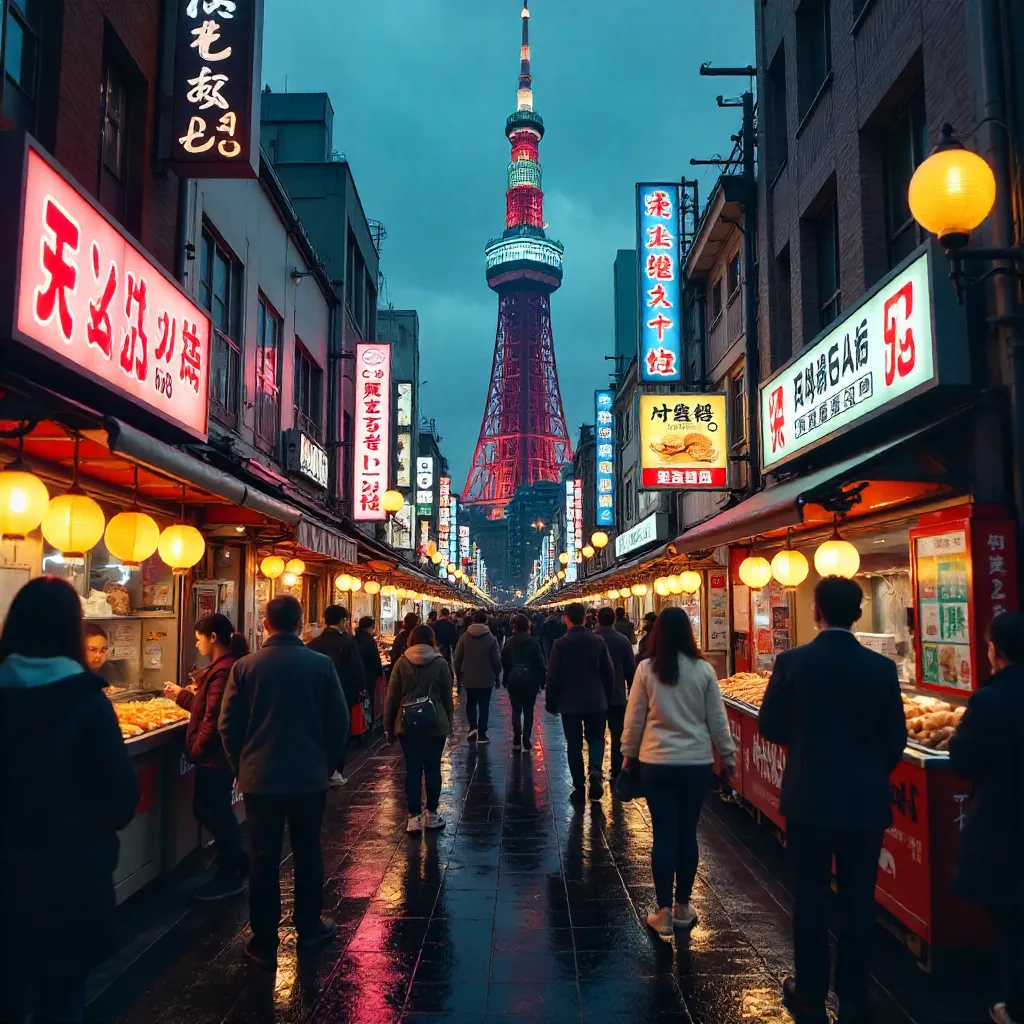 Vibrant Osaka Street Scene with Tsutenkaku Tower at Dusk