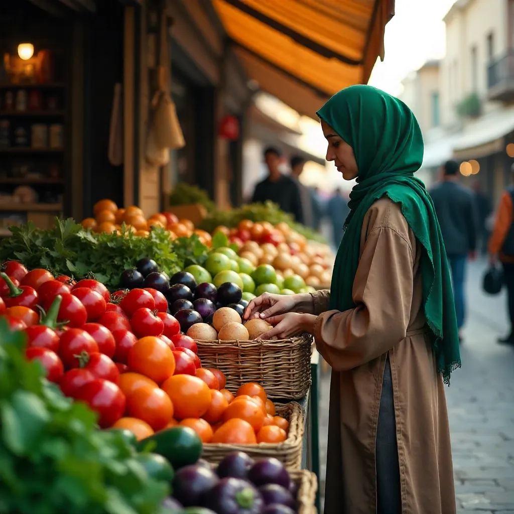 Vibrant Market Stall with Hijab-Clad Shopper