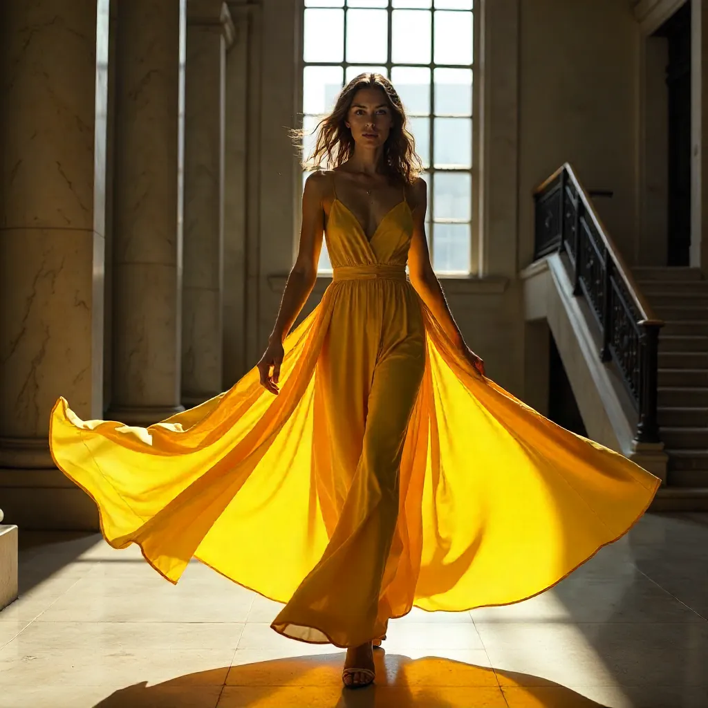 Dynamic Portrait of a Model in a Flowing Yellow Dress