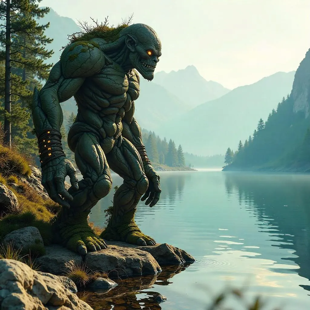 Photorealistic Golem by a Lake at Golden Hour