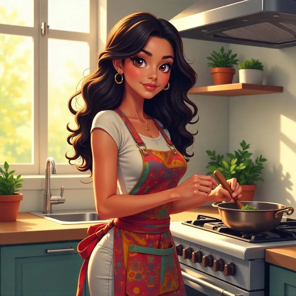 Stylish Latina in a Sunny Anime Kitchen