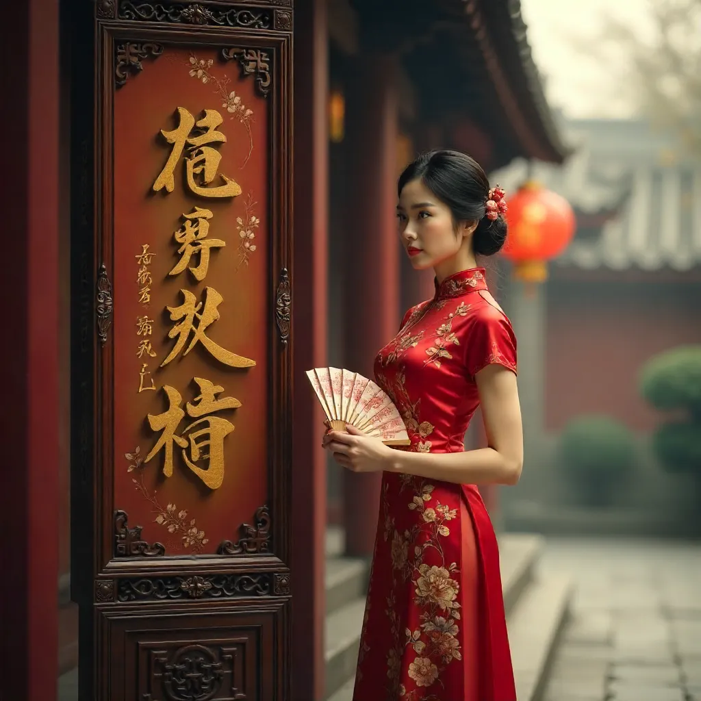 Red Qipao with Fan beside Ornate Chinese Signage