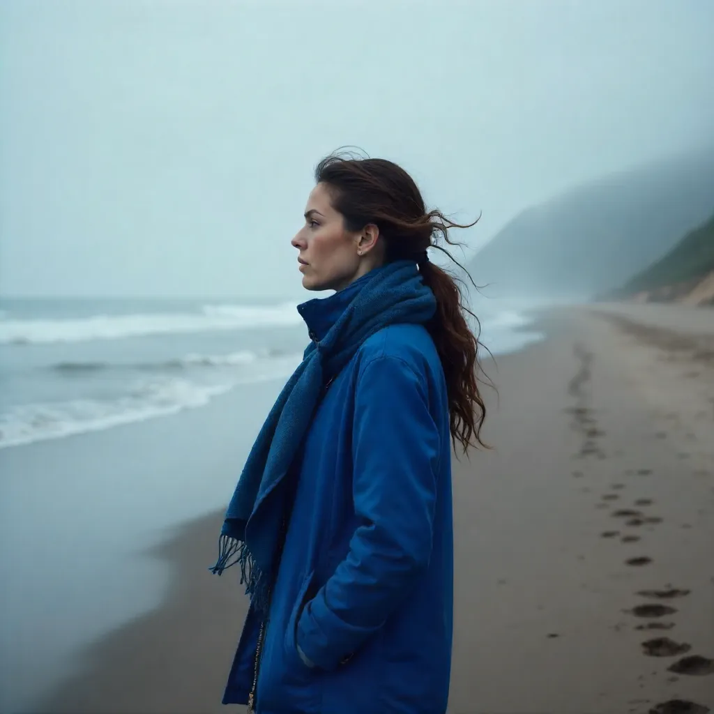 Misty Beach Serenity: Side View with Blue Jacket and Scarf