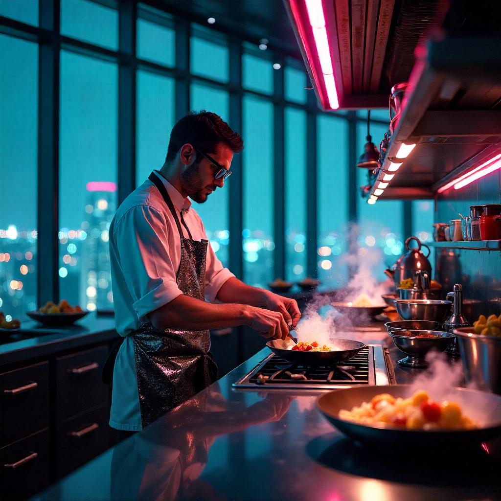 Neon Skyline Chef in a Cyberpunk Skyscraper Kitchen