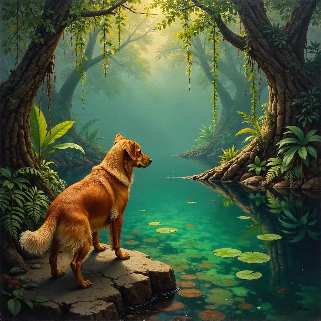Dog at Hidden Lagoon in Oil Painting