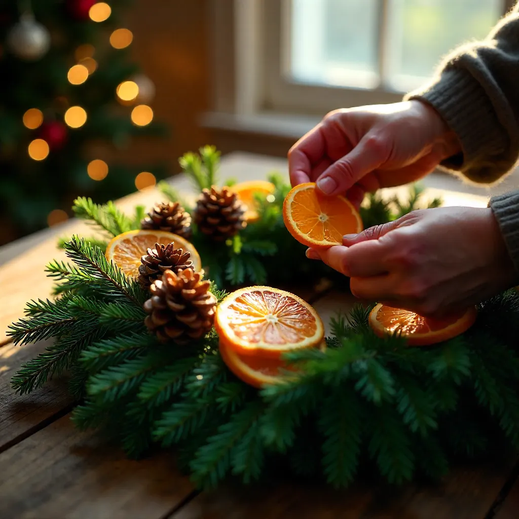 Hands Decorating a Christmas Wreath with Dried Oranges and Pinecones