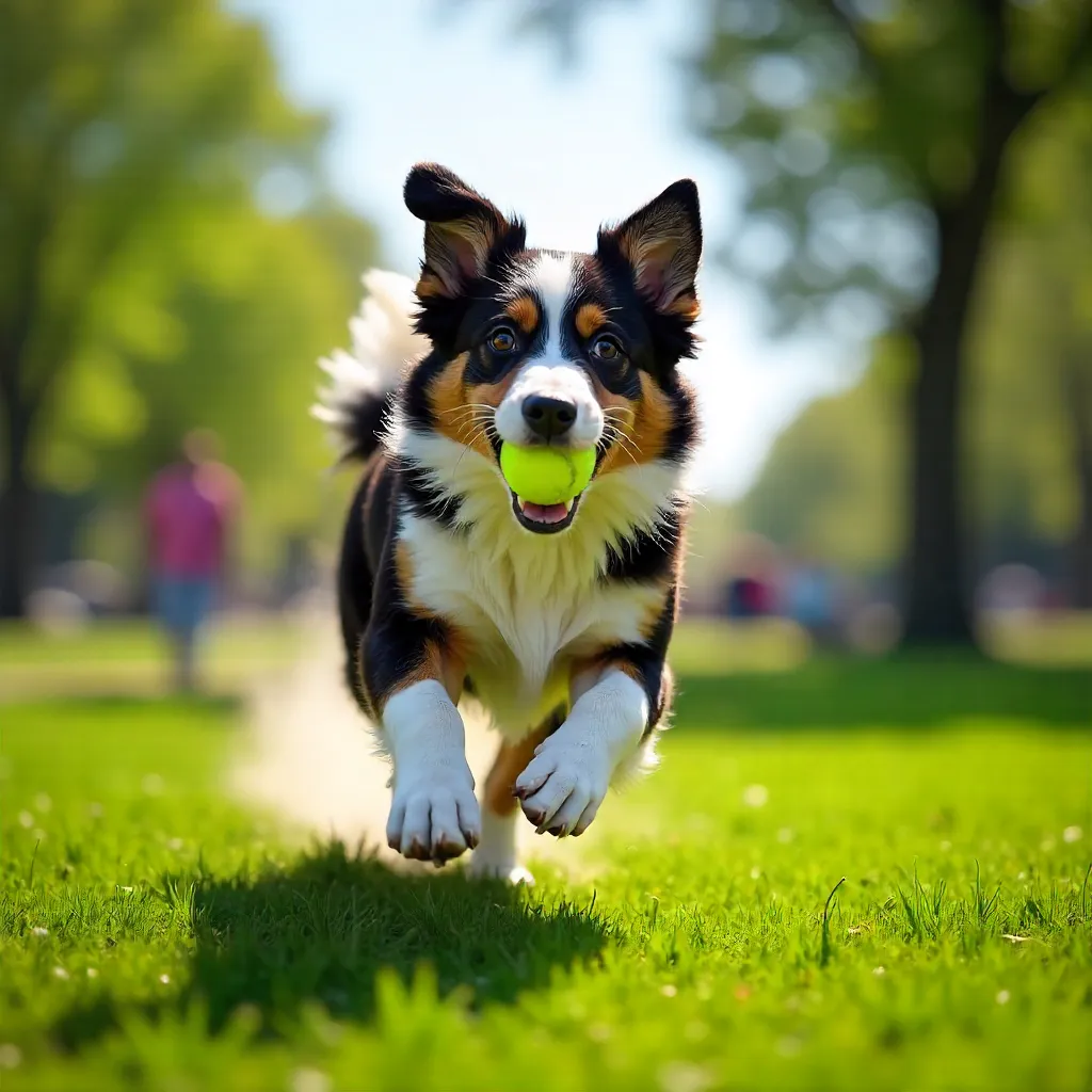 Playful Australian Shepherd Racing Outdoors with a Tennis Ball