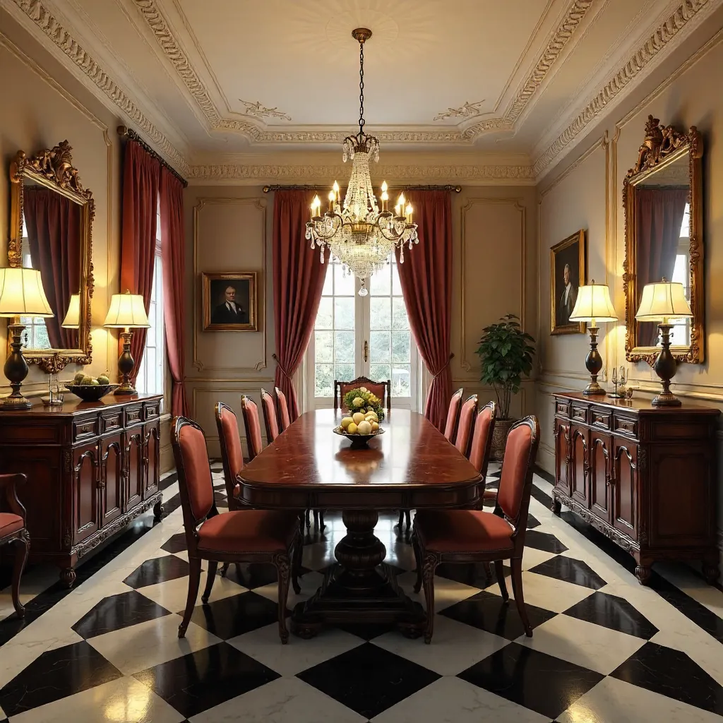 Elegant Vintage Dining Room with Chandelier and Checkered Floor