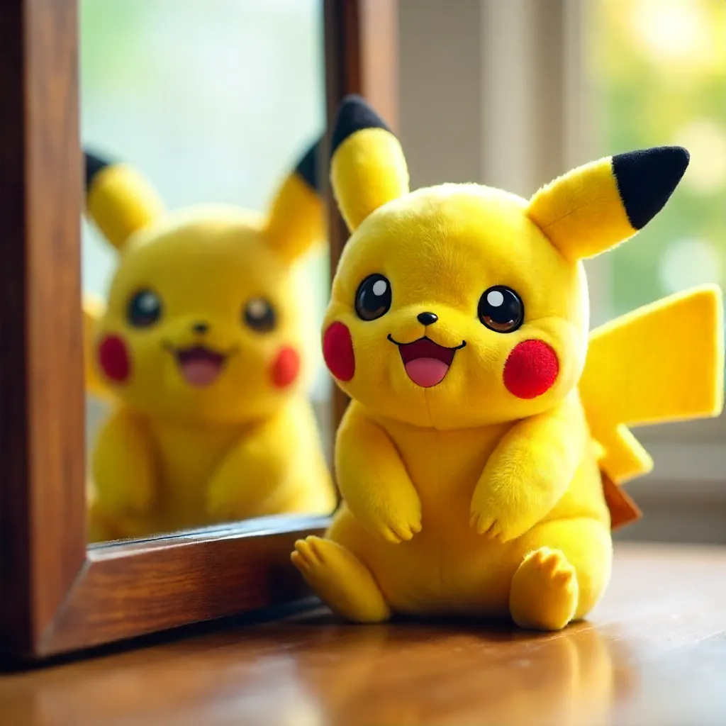 Playful Pikachu Plush in Reflective Delight