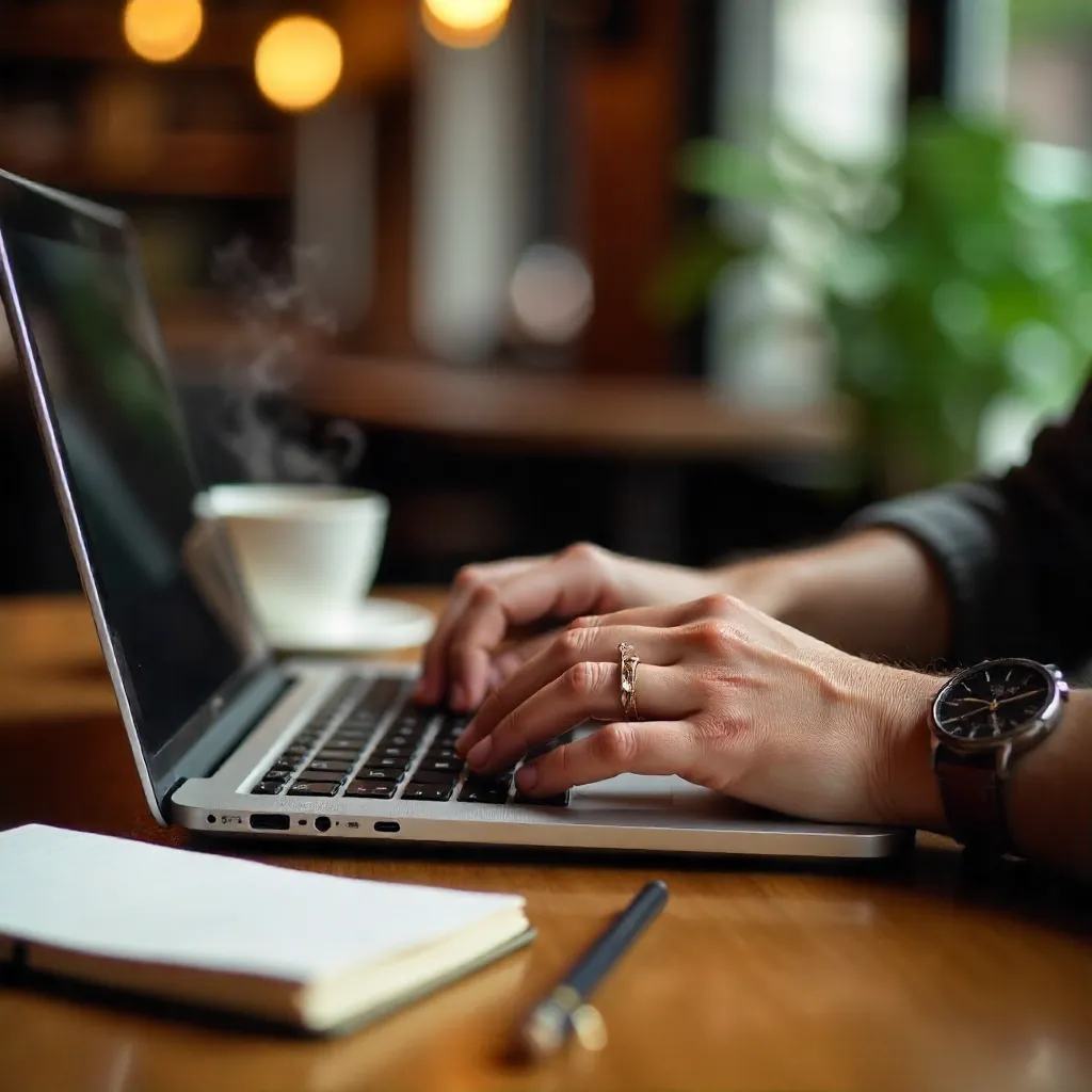 Close-Up: Hands Typing in a Cozy Café