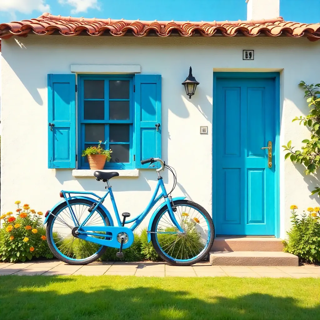Sunny Day Blue Bicycle by White House with Blue Shutters