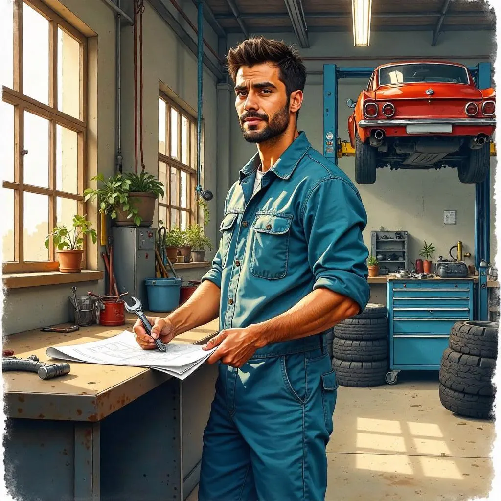 Watercolor: Young Middle Eastern Mechanic in Workshop