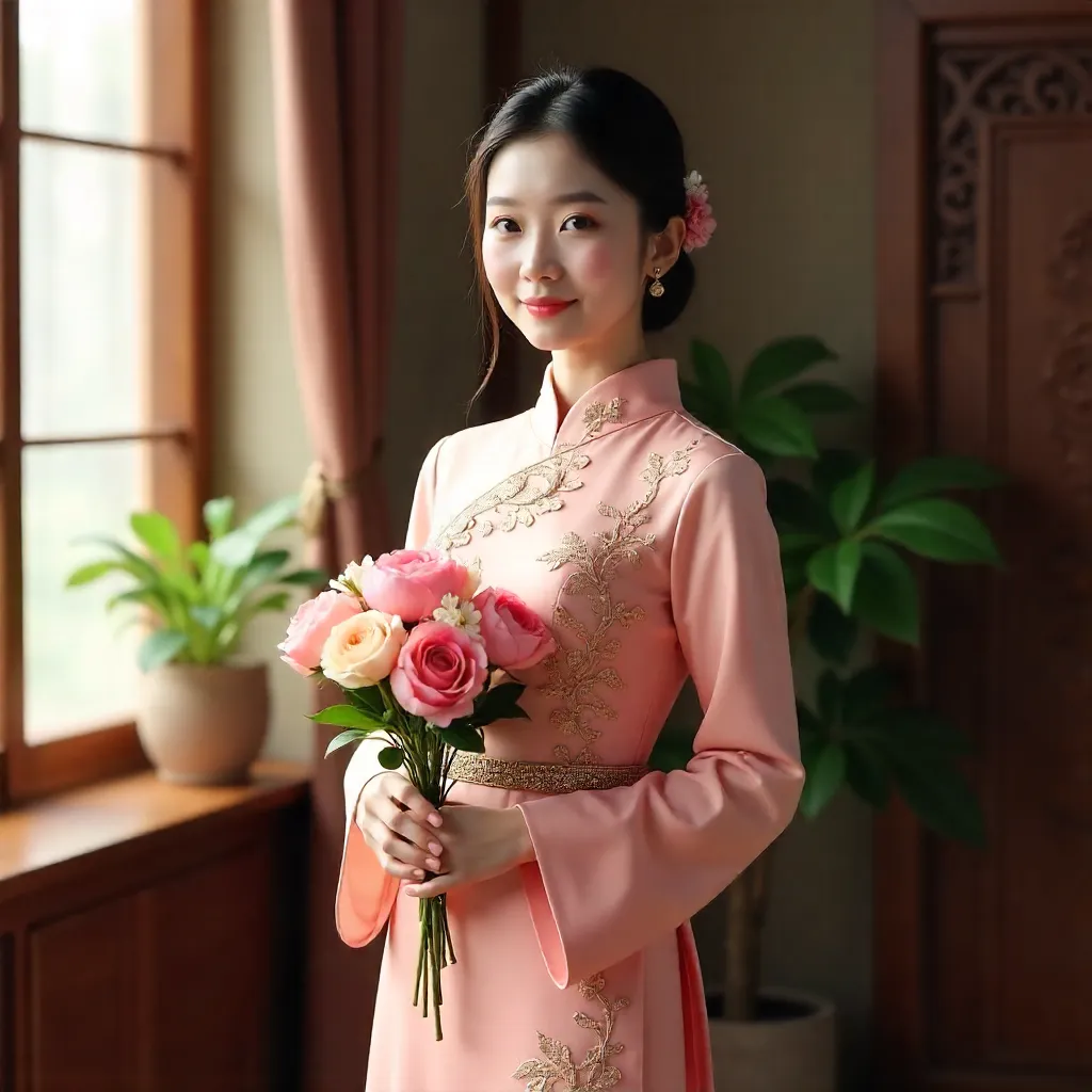 Pink Traditional Dress and Indoor Floral Elegance