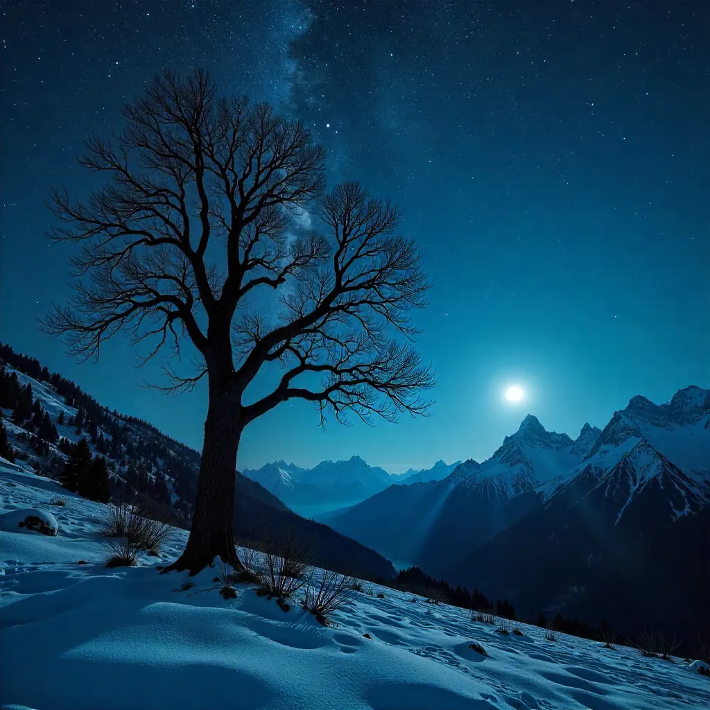 Leafless Tree Silhouette in Austrian Night Wilderness