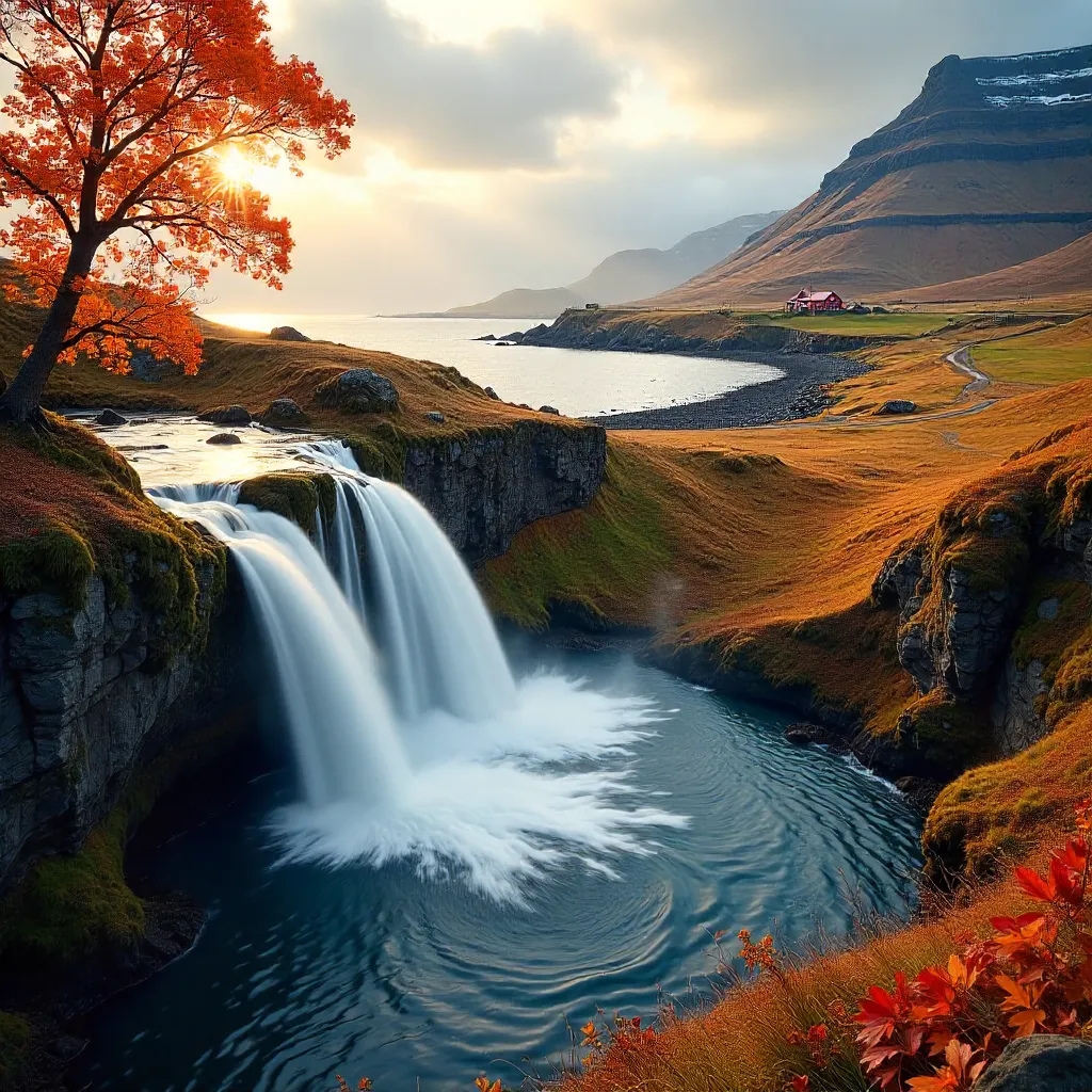 Autumn Waterfall Over Ólafsvík's Coastline, Iceland