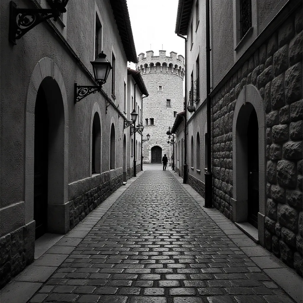 Monochrome Cobblestone Street and Historic Tower