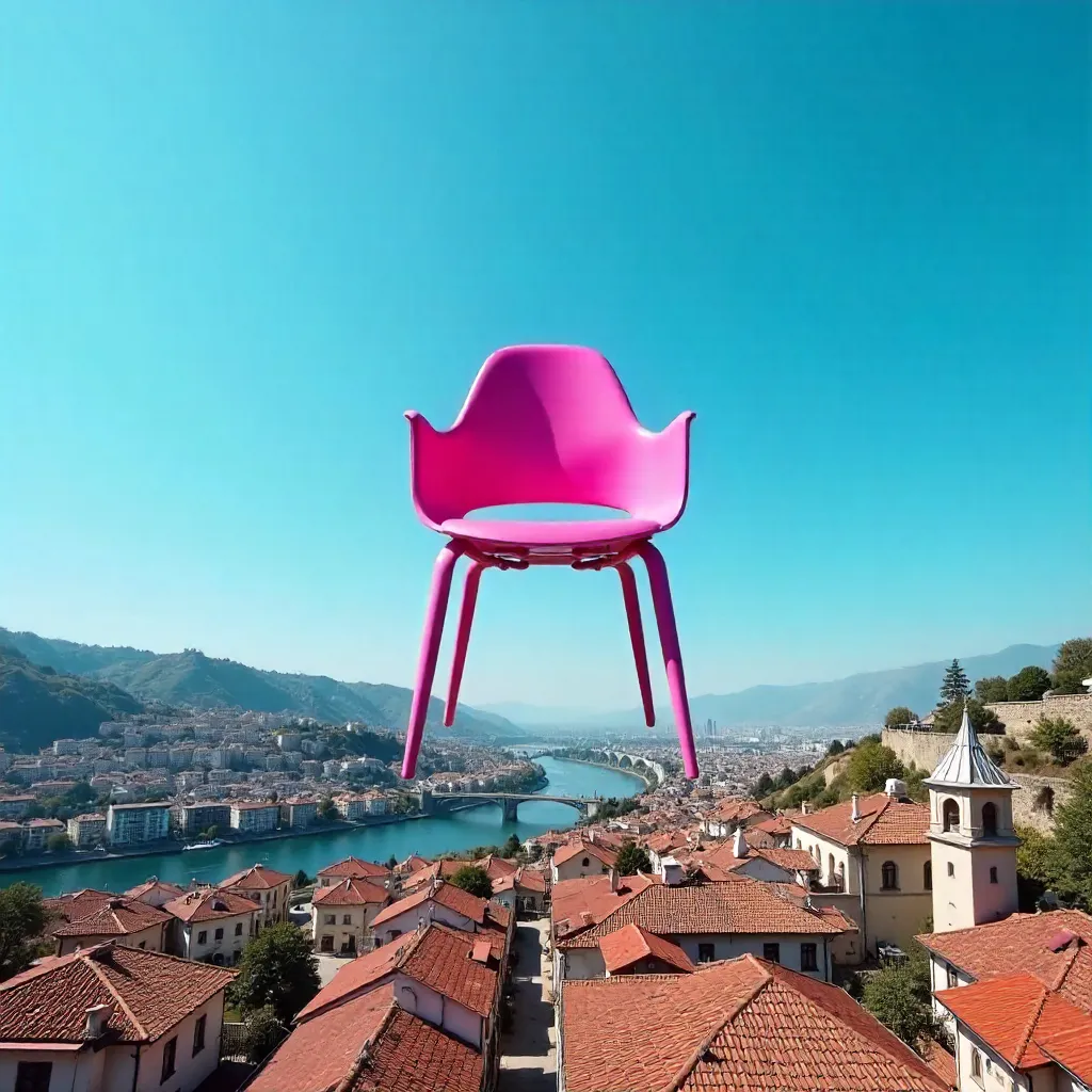 Floating Pink Chair Over Tbilisi Sky
