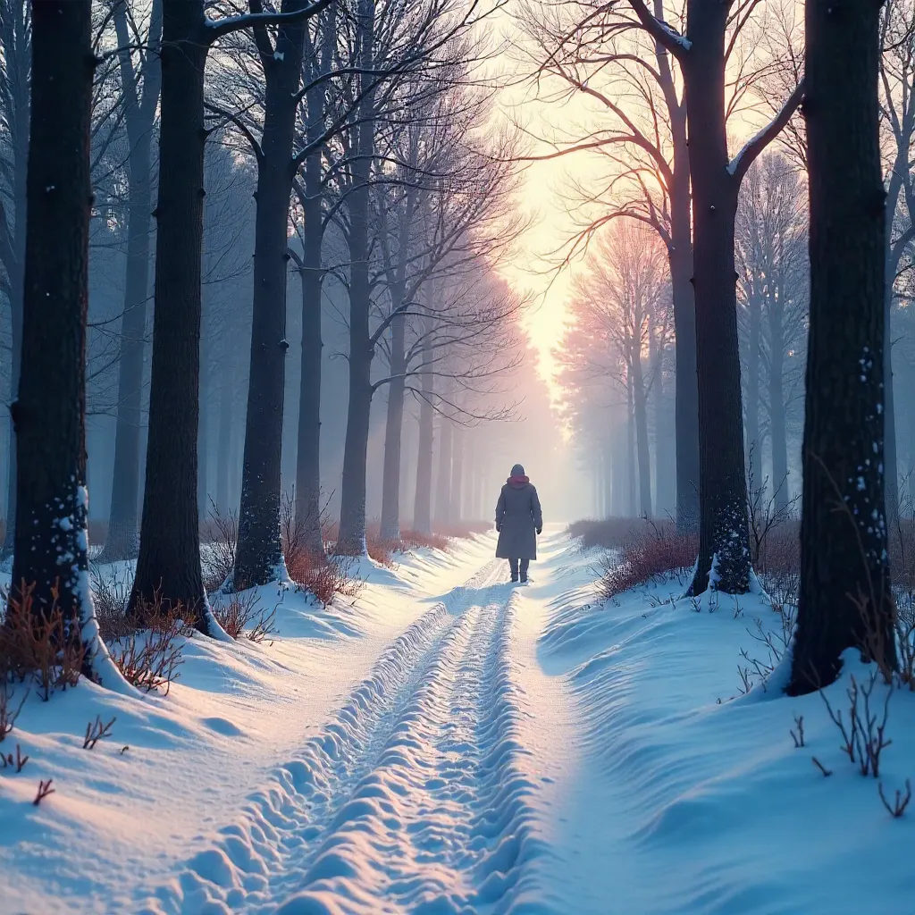 Serene Snow-Covered Forest Path with Distant Figure