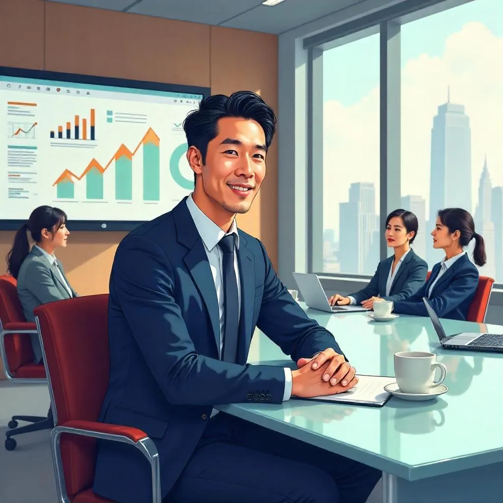 Elegant Asian Man in a Boardroom - Cartoon Style