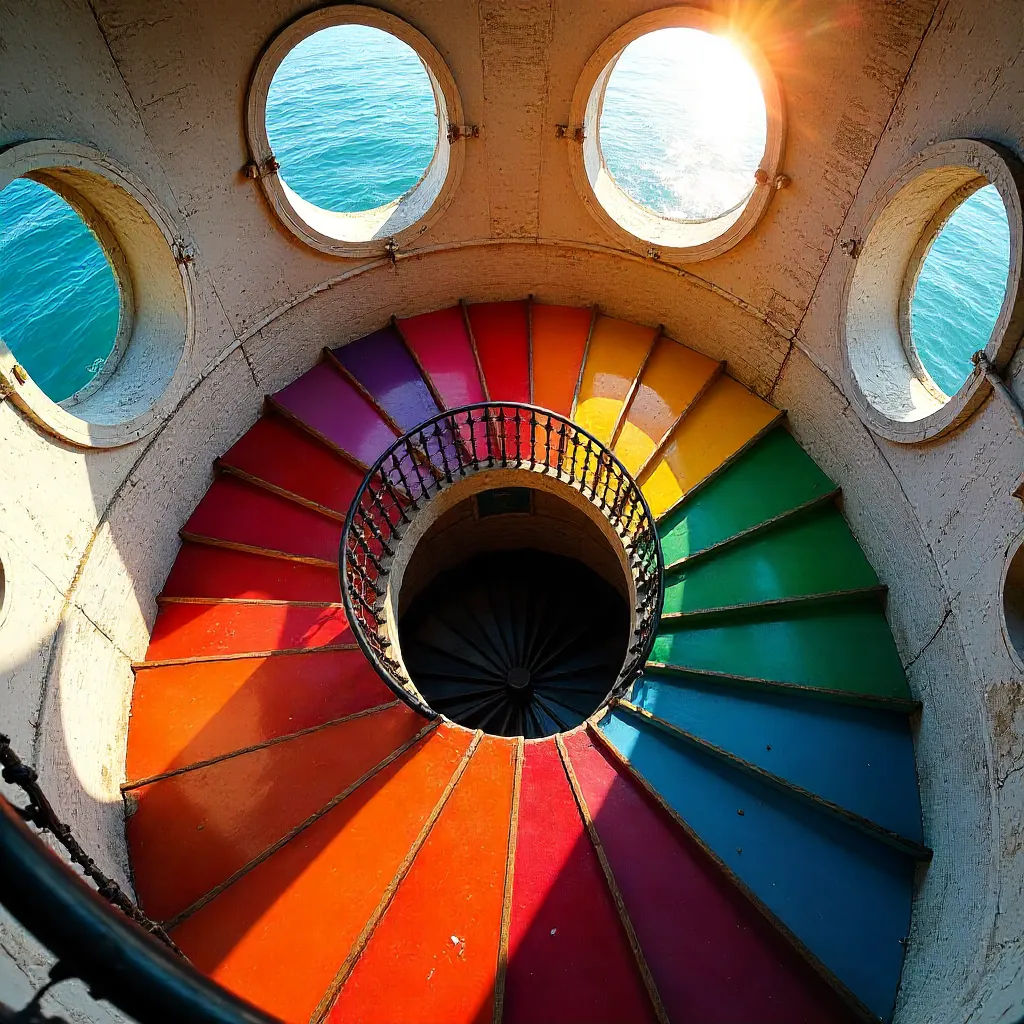 Spiral Lighthouse Staircase: A Vivid View from Below