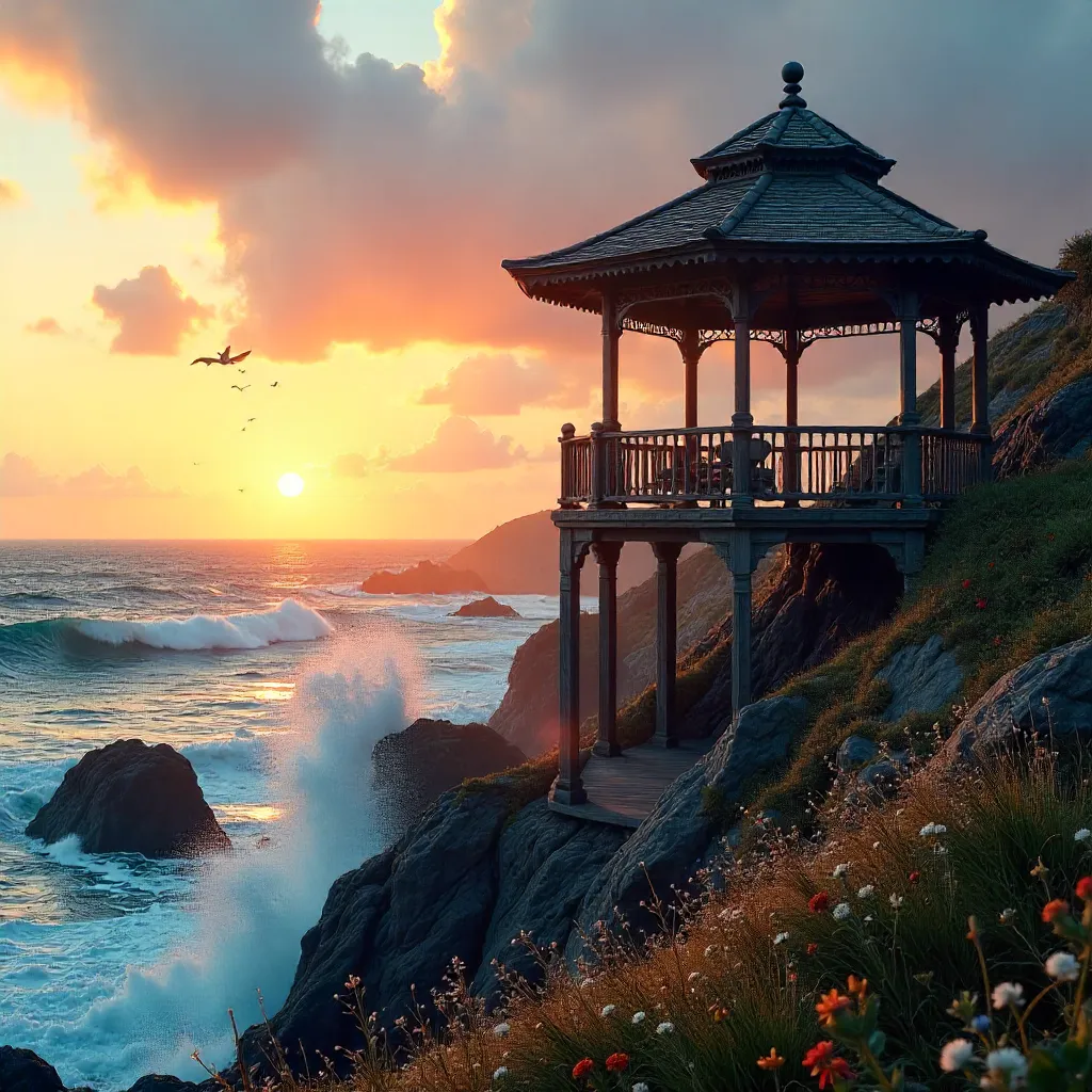 Sunset Gazebo Above Ocean Waves on a Cliff