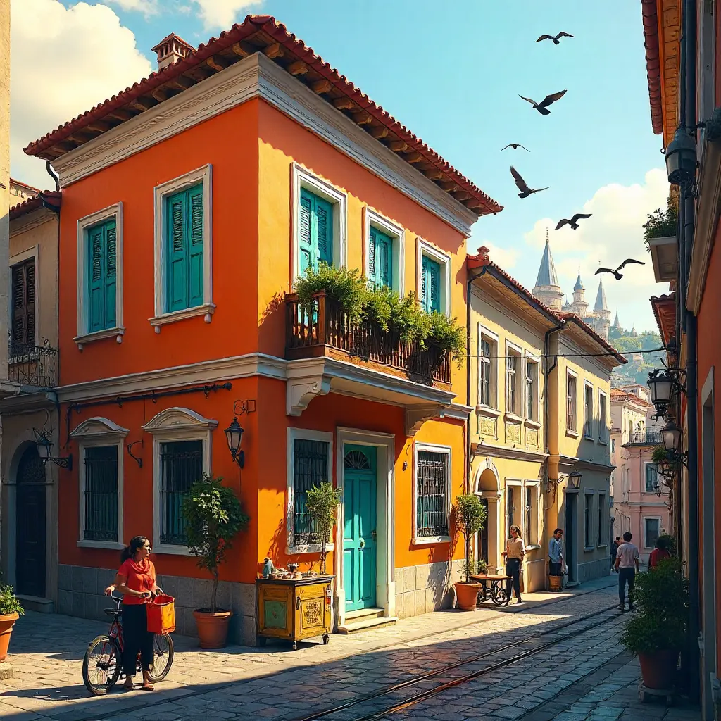 Sunlit Orange House on a Lively Istanbul Street