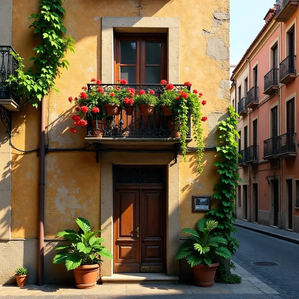 Rustic Barcelona Facade with Verdant Balcony