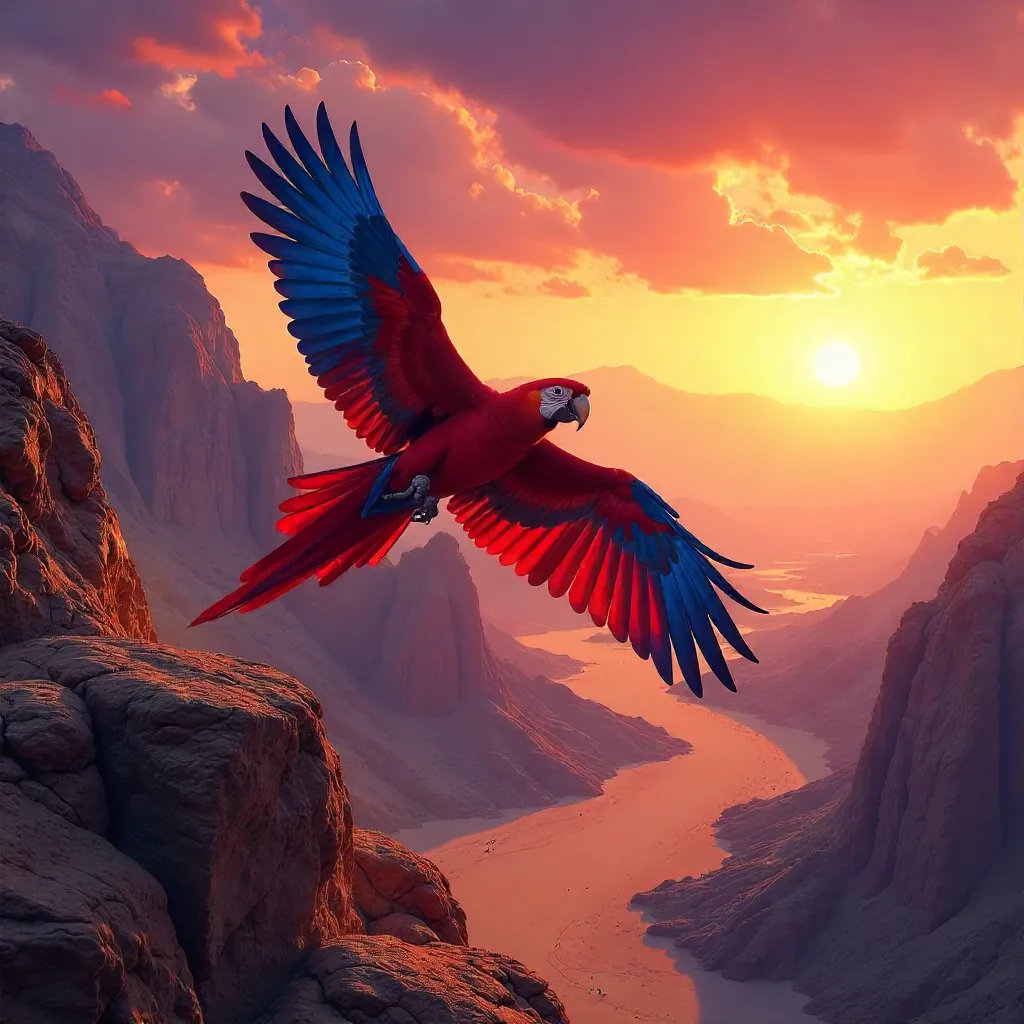 Scarlet Macaw Over Oman’s Sunset Ridge