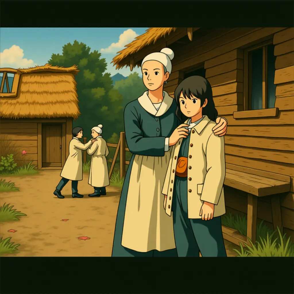 Kate Dickie, Lucas Dawson, Harvey Scrimshaw, and Ellie Grainger in The Witch (2015) - Anime style