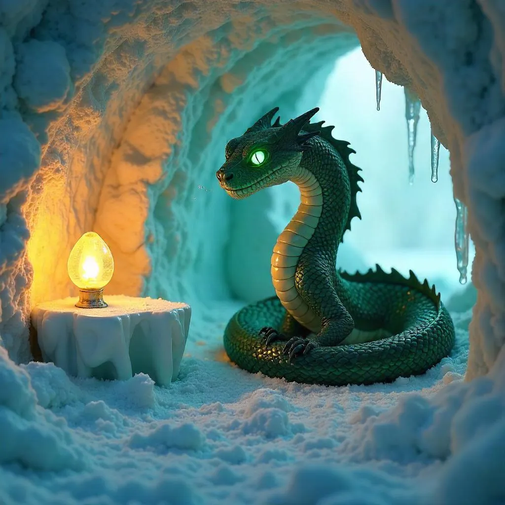Photoreal Basilisk in a Frozen Igloo