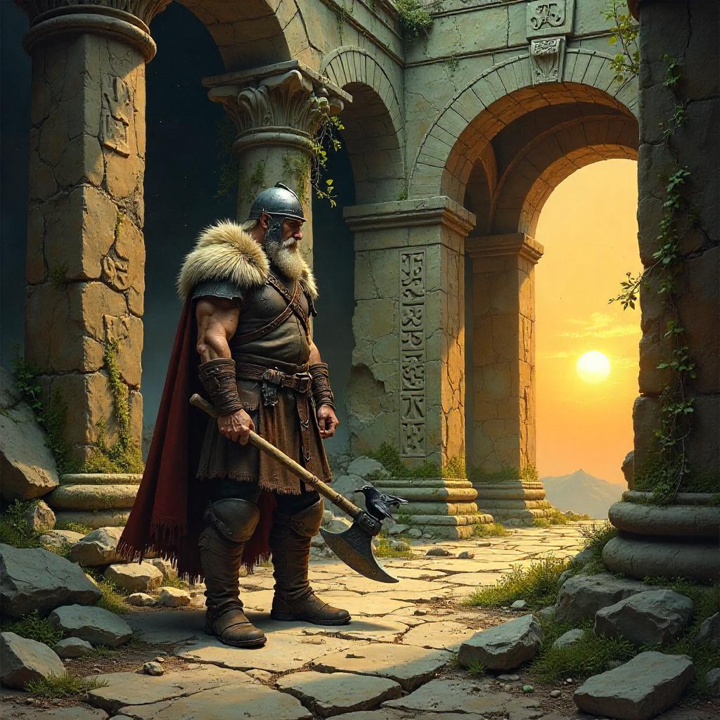 Viking in Temple Ruins: An Oil Painting