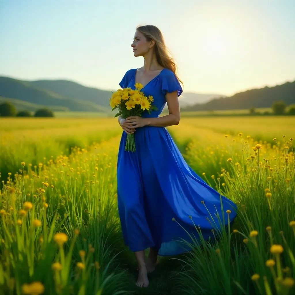 Serene Blue Dress in a Field of Yellow Flowers