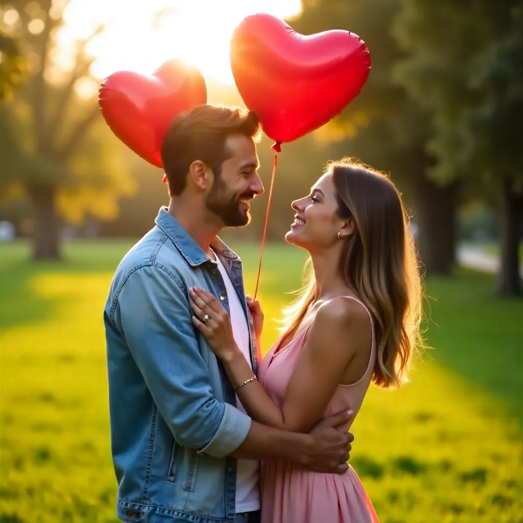 Romantic Sunset Embrace with Heart Balloons