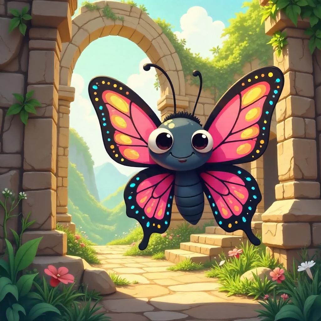Playful Cartoon Butterfly in Ancient Ruins