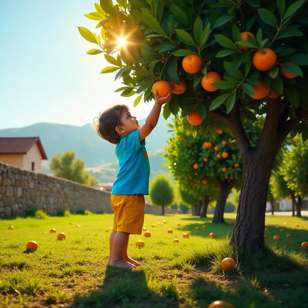 Child Reaches Up for Oranges in Hatay Sunshine