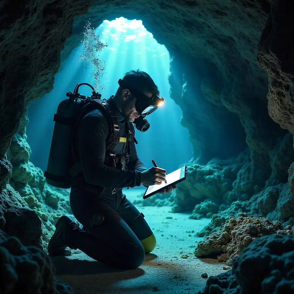 Photorealistic Scientist in an Underwater Cave Expedition