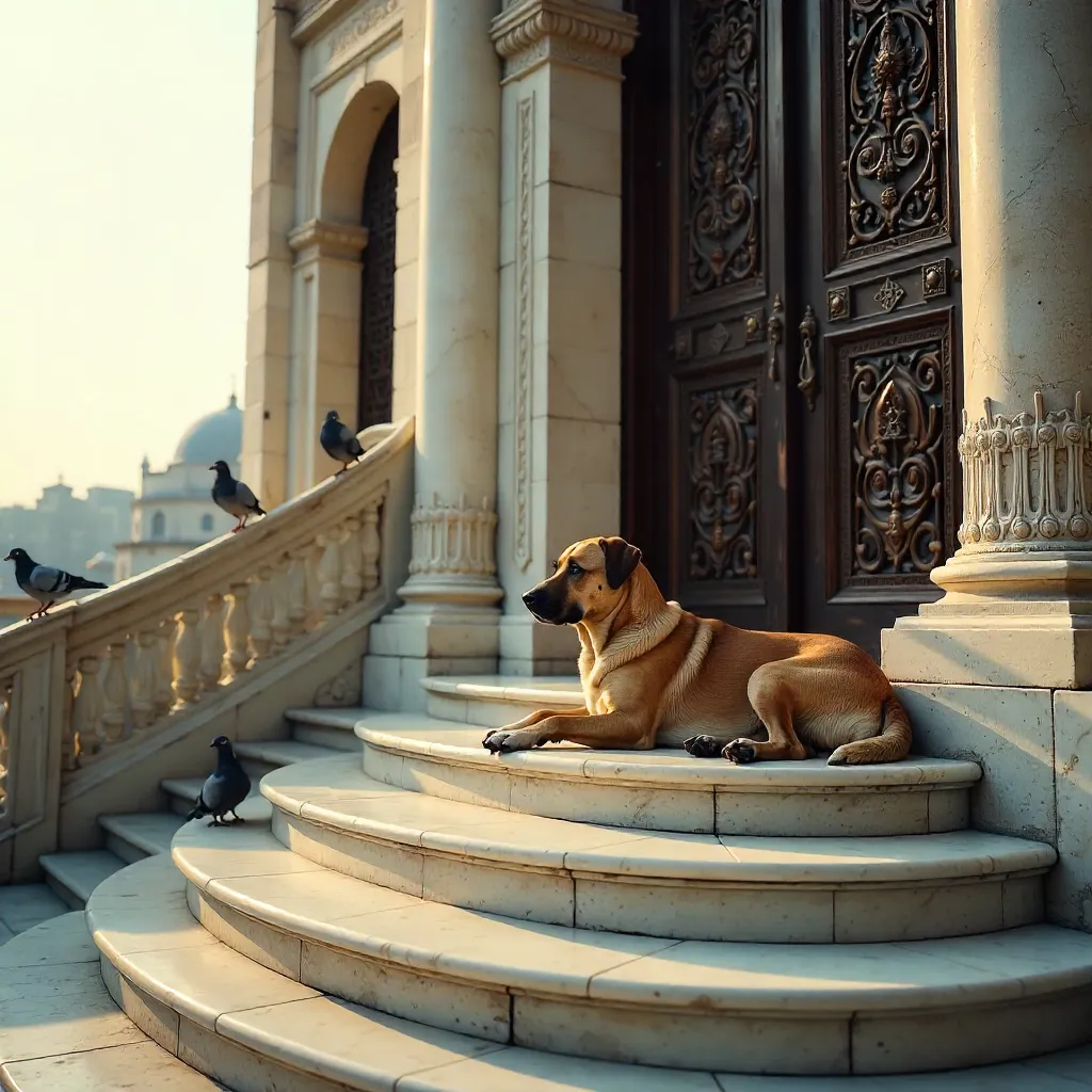 Relaxed Dog on Ornate Marble Stairs, Istanbul