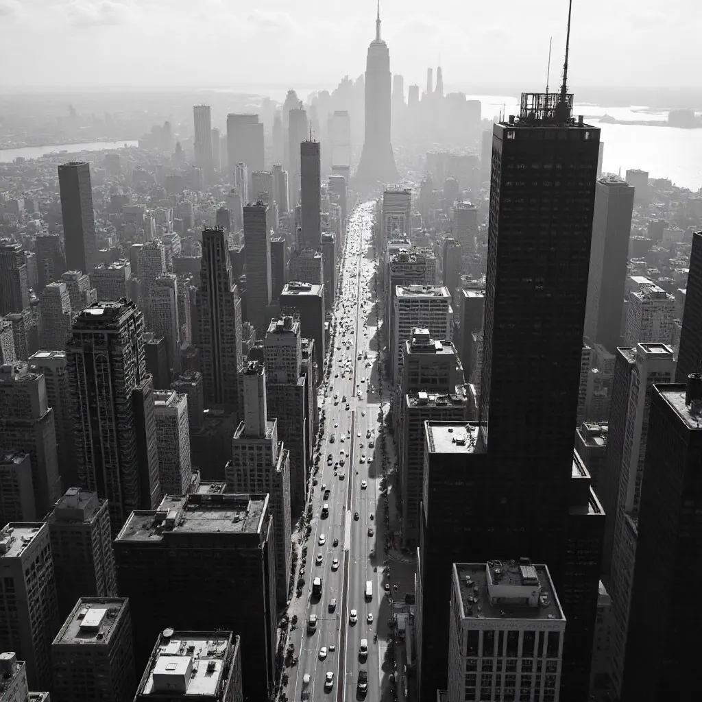 Monochrome Aerial Cityscape Over Skyscrapers
