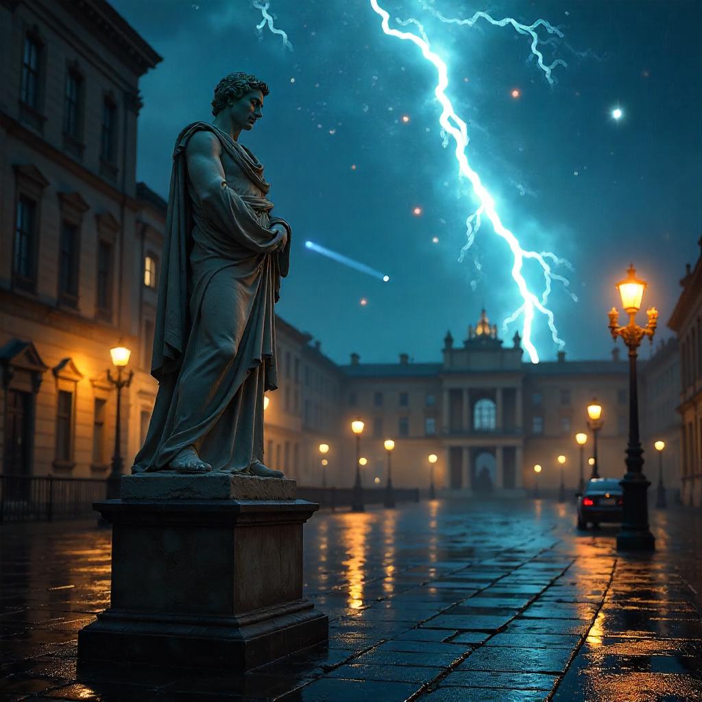 Marble Statue Beneath a Meteor Shower