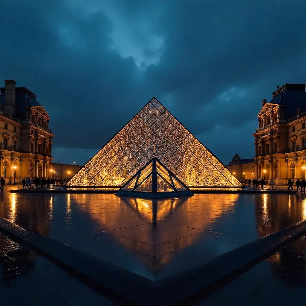Louvre Pyramid Glowing Night View in Paris