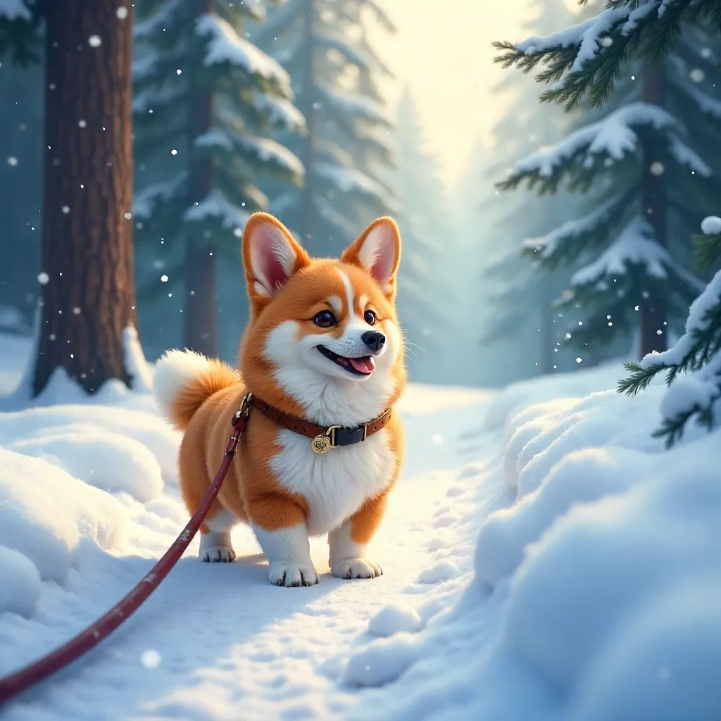 Leashed Corgi Exploring a Snowy Forest Path