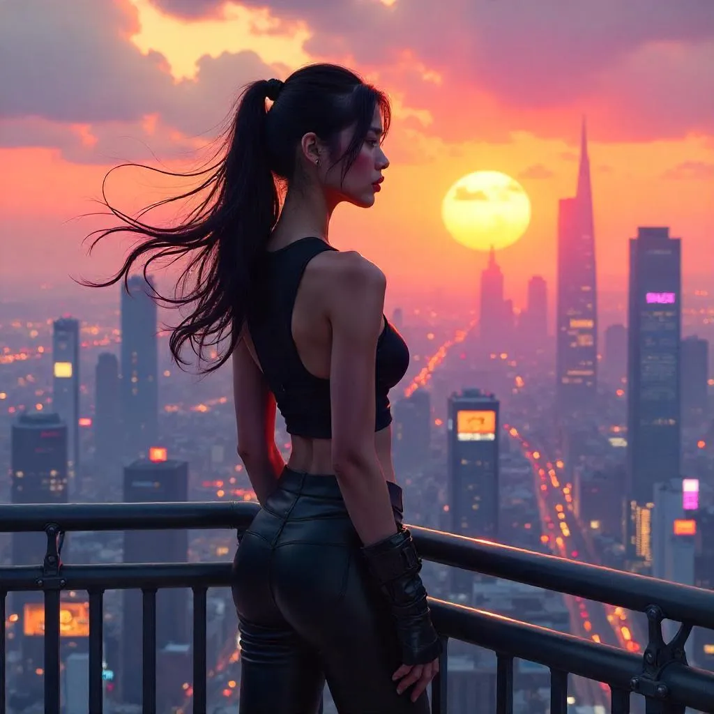Rooftop Reverie: Asian Woman in Neon City