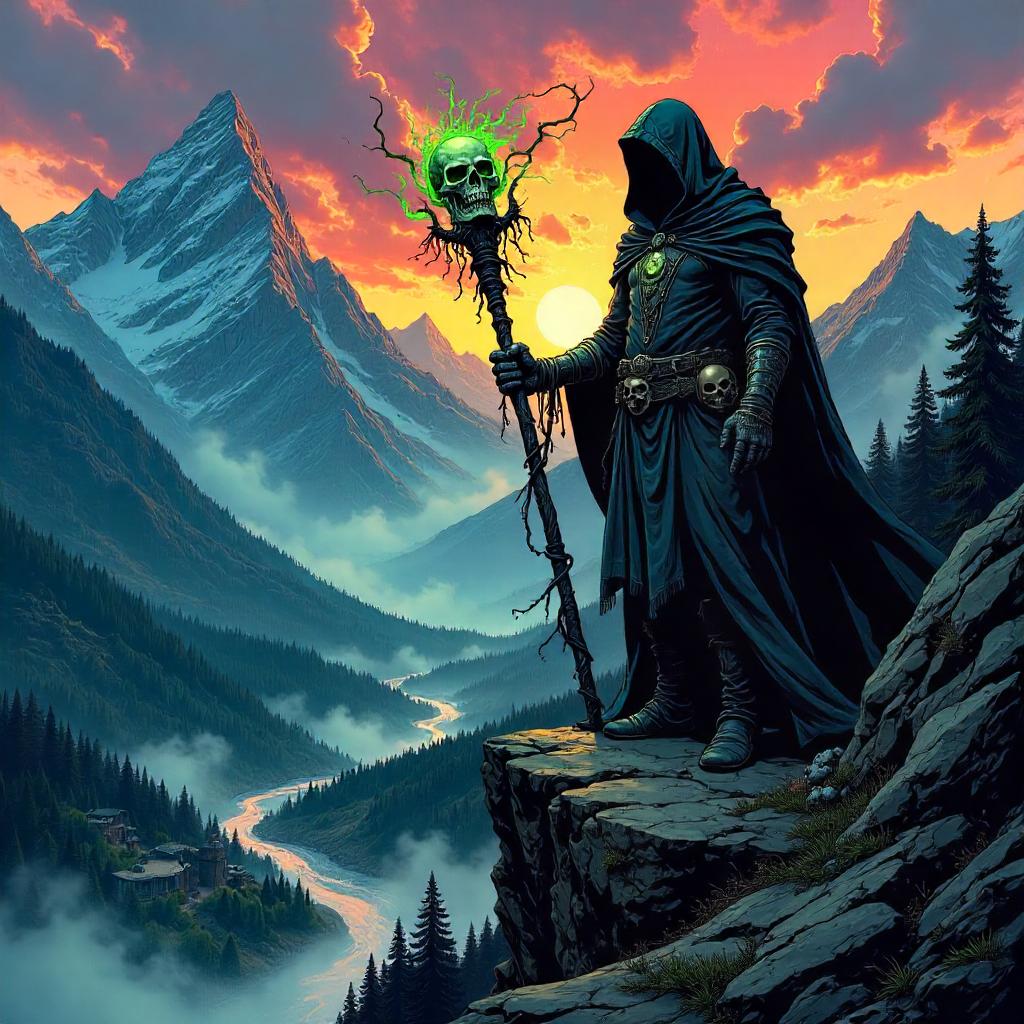 Necromancer in a Mountain Valley — Comic Book Style