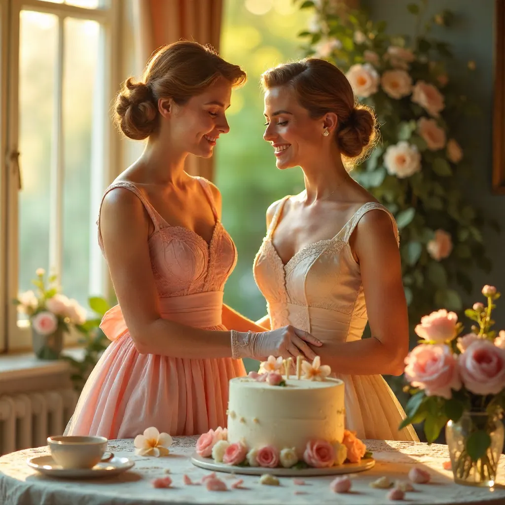 Celebration in a Vintage Dress with Cake and Flowers