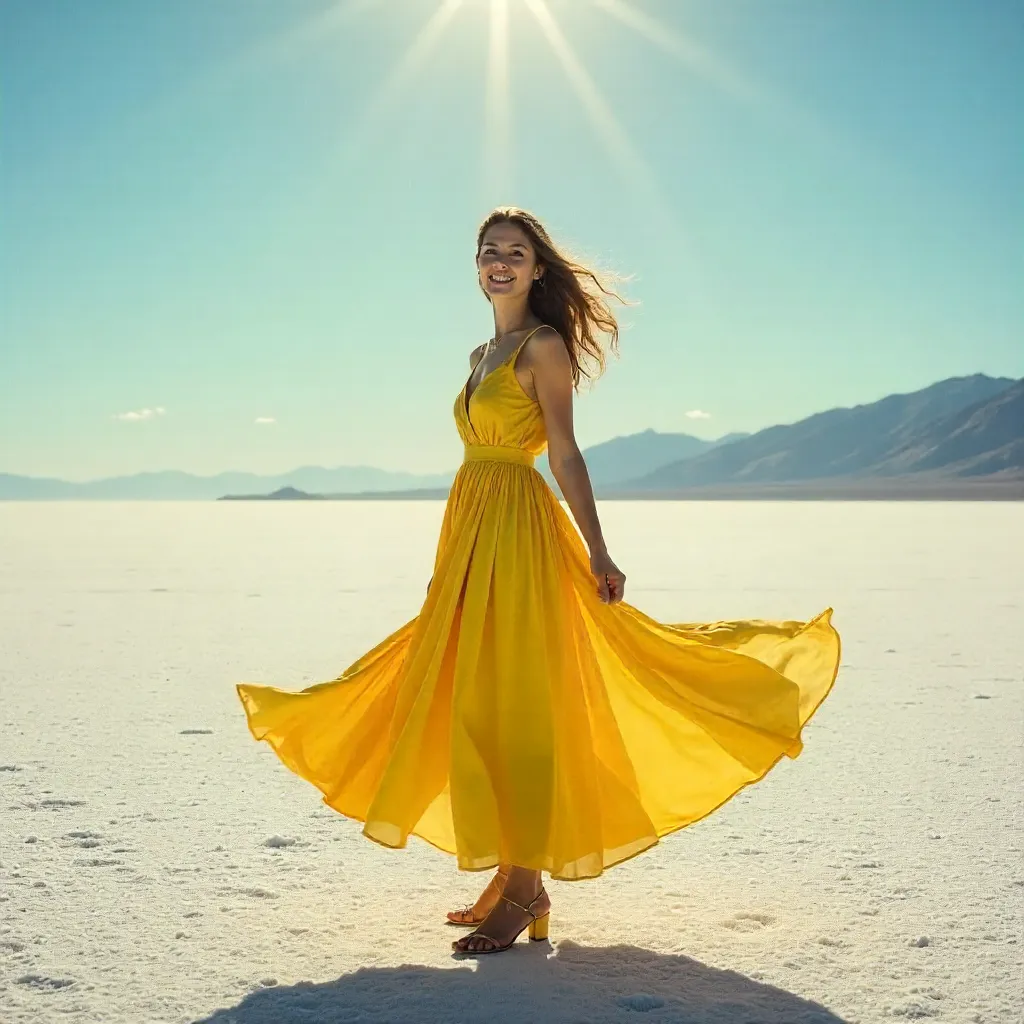 Elegant Portrait of a Woman in a Yellow Dress at Bonneville Salt Flats