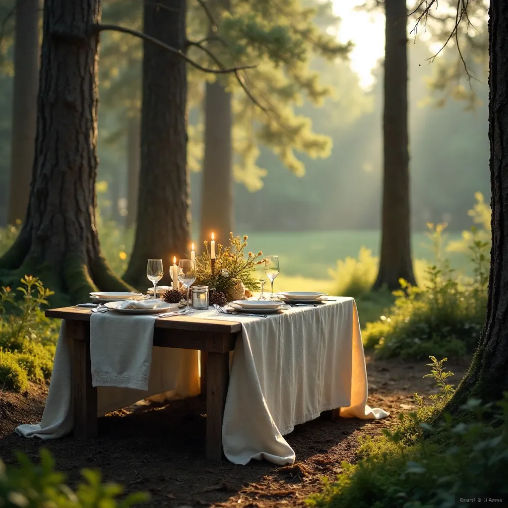 Serene Pine Forest Dining Under Gentle Light